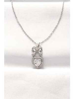 Inure Jewelry 316L Çelik Silver Renk Zirkon Taşlı Kalpli Fiyonk Kolye