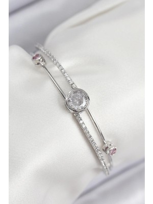 Inure Jewelry Pirinç Zirkon Taşlı Pırlanta Model Gümüş Renk Kadın Bileklik