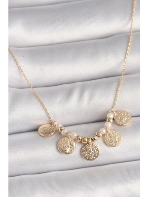 Inure Jewelry Pirinç Gold Renk 5'li Osmanlı Tuğra Figür Inci Detay Kadın Kolye