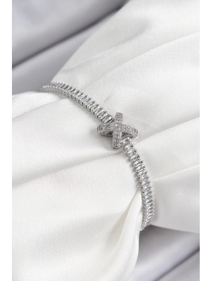 Inure Jewelry Pirinç Zirkon Taşlı x Detaylı Su Yolu Model Gümüş Renk Asansörlü Kadın Bileklik