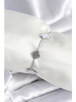 Inure Jewelry 316L Çelik Zincir Gümüş Renk Zirkon Taşlı Yonca Beyaz Kadın Bileklik