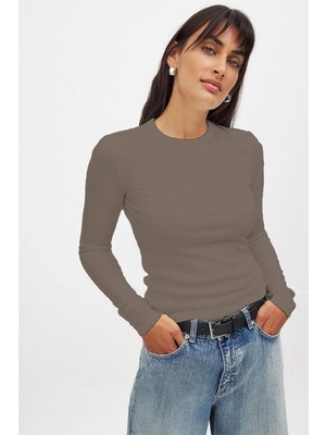 CHEISU Kadın Sütlü Kahve Uzun Kollu Bisiklet Yaka T-Shirt Bluz Kaşkorse Fitilli