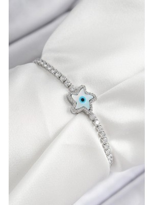 Inure Jewelry Pirinç Zirkon Taşlı Nazar Yıldız Model Gümüş Renk Asansörlü Kadın Bileklik