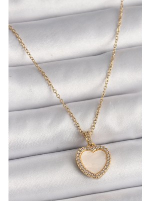 Inure Jewelry 316L Çelik Gold Renk Zincir Zirkon Taşlı Beyaz Mineli Kalp Model Kadın Kolye