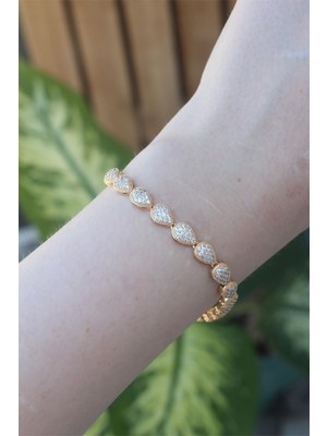 Inure Jewelry Vip Seri Pirinç Zirkon Taşlı Gold Renk Damla Model Bileklik