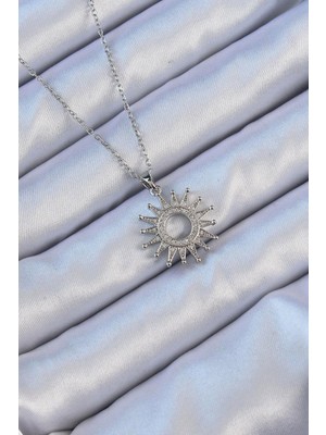 Inure Jewelry 316L Çelik Zincir Gümüş Renk Zirkon Taşlı Parlayan Güneş Kolye