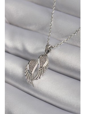 Inure Jewelry 316L Çelik Gümüş Renk Zirkon Taşlı Kanat Model Kadın Kolye