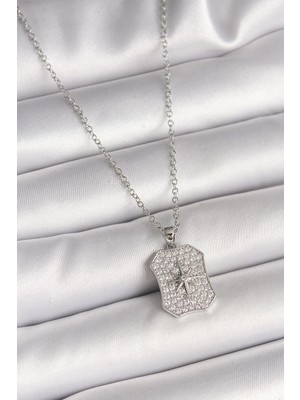 Inure Jewelry 316L Çelik Gümüş Renk Zincir Zirkon Taşlı Kutup Yıldız Işlemeli Madalyon Model Kadın Kolye