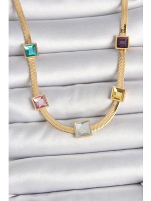 Inure Jewelry 316L Çelik Gold Renk Italyan Zincir Model Kare Renkli Zirkon Taşlı Kadın Kolye