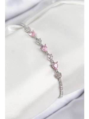 Inure Jewelry Pirinç Zirkon Taşlı Pembe Kalp Model Gümüş Renk Kadın Bileklik