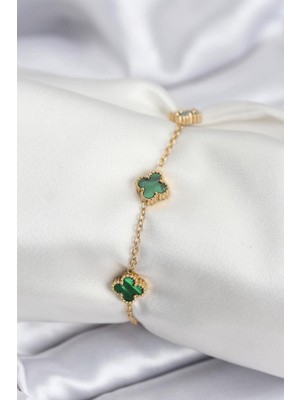 Inure Jewelry 316L Çelik Gold Renk Yeşil Baby Boy Yonca Kadın Bileklik