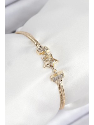 Inure Jewelry Pirinç Zirkon Taşlı Yıldız Model Gold Renk Kadın Bileklik
