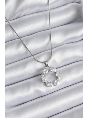 Inure Jewelry 316L Çelik Gümüş Renk Zirkon Taşlı Kadın Kolye