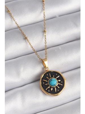 Inure Jewelry 316L Çelik Gold Renk Mavi Boncuk Güneş Işleme Madalyon Model Kadın Kolye