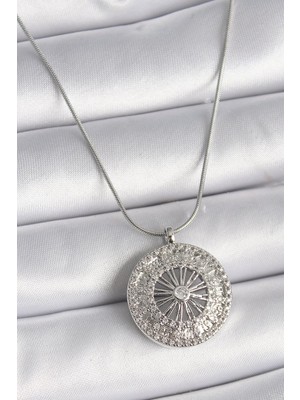 Inure Jewelry 316L Çelik Gümüş Renk Zirkon Taşlı 12 Burç Madalyon Model Kadın Kolye