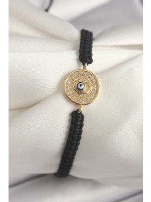 Inure Jewelry Pirinç Gold Renk Zirkon Taşlı Nazar Boncuk Işleme Makrome Asansörlü Model Kadın Bileklik