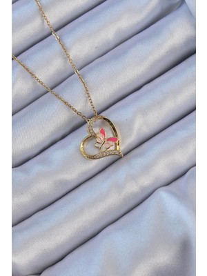 Inure Jewelry 316L Çelik Zincir Altın Renk Mineli Kelebek Figür Zirkon Taşlı Kalp Kolye