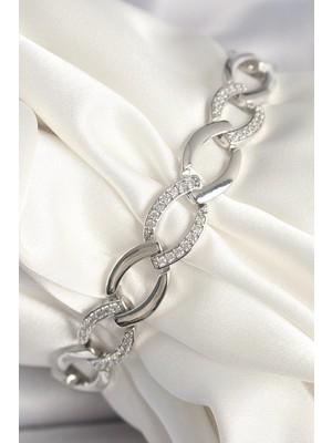 Inure Jewelry Pirinç Gümüş Renk Zirkon Taşlı Oval Zincir Model Kadın Bileklik