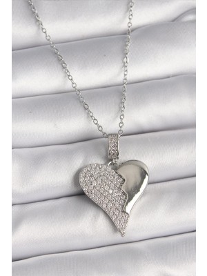 Inure Jewelry 316L Çelik Gümüş Renk Zincir Zirkon Taşlı Kırık Kalp Model Kadın Kolye