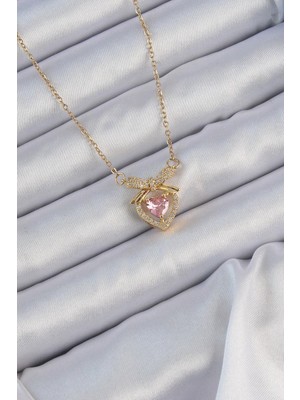 Inure Jewelry 316L Çelik Zincir Altın Renk Pembe Zirkon Taşlı Fiyonklu Kalp Kolye