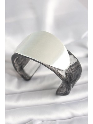 Inure Jewelry Siyah Mermer Desen Akrilik Plastik Gümüş Oval Plaka Model Vintage Kadın Bilezik