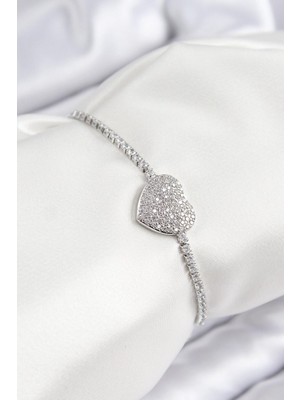 Inure Jewelry Pirinç Zirkon Taşlı Kalp Model Gümüş Renk Asansörlü Kadın Bileklik