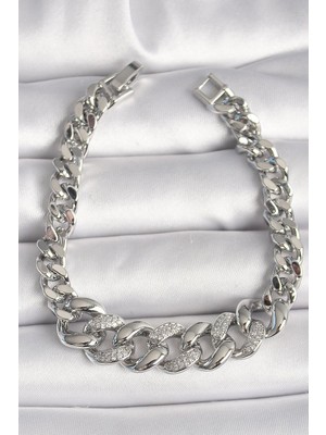 Inure Jewelry Pirinç Gümüş Renk Zirkon Taşlı Kalın Halka Model Kadın Bileklik