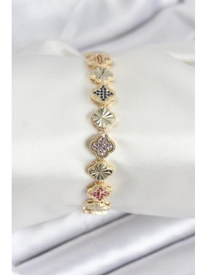 Inure Jewelry Pirinç Vıp Seri Yonca Zirkon Taşlı Kadın Bileklik