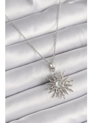 Inure Jewelry 316L Çelik Gümüş Renk Zincir Zirkon Taşlı Güneş Model Sedefli Ay Işleme Detay Kadın Kolye
