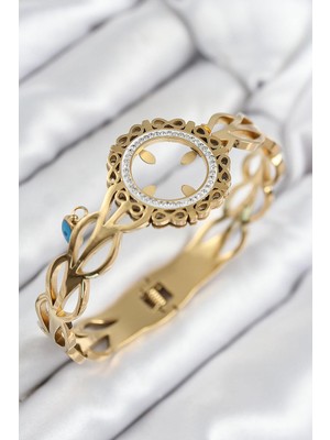 Inure Jewelry 316L Çelik Zirkon Taşlı Çeyrek Takılabilir Gold Renk Kelepçe