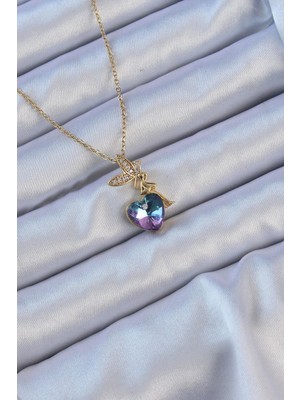 Inure Jewelry 316L Çelik Zincir Altın Renk Mor Mavi Renk Zirkon Taşlı Kalp Detay Peri Kolye