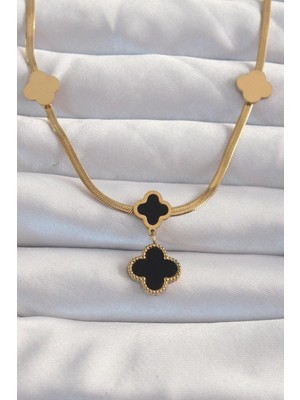 Inure Jewelry 316L Çelik Gold Renk Italyan Zincirli Mineli Yonca Kolye