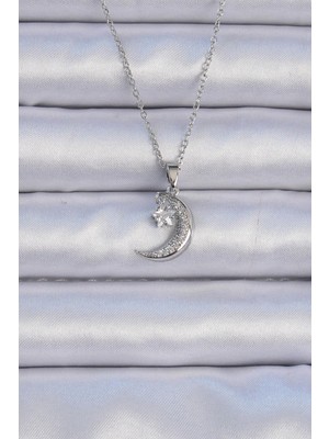 Inure Jewelry 316L Çelik Zincir Gümüş Renk Zirkon Taşlı Sallantılı Ay Yıldız Kolye