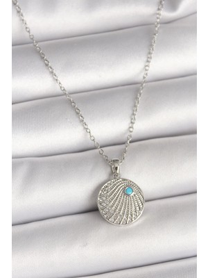 Inure Jewelry 316L Çelik Gümüş Renk Zincir Zirkon Taşlı Mavi Taş Detaylı Madalyon Model Kadın Kolye