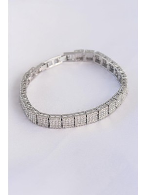 Inure Jewelry Vip Seri Pirinç Zirkon Taşlı Gümüş Renk Kare Su Yolu Model Bileklik