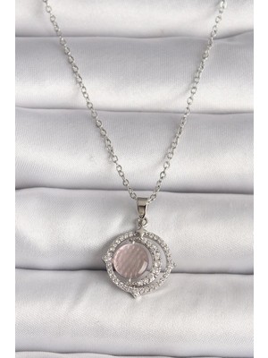 Inure Jewelry 316L Çelik Gümüş Renk Zirkon Taşlı Pembe Sedefli Hilal Model Kadın Kolye