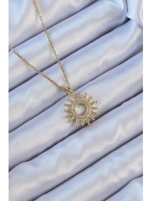 Inure Jewelry 316L Çelik Zincir Altın Renk Zirkon Taşlı Parlayan Güneş Kolye