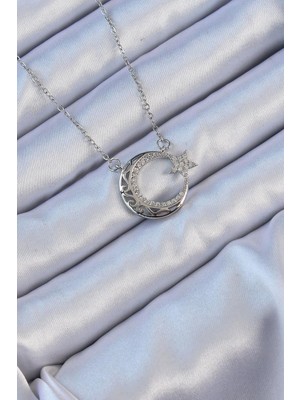 Inure Jewelry 316L Çelik Zincir Gümüş Renk Zirkon Taşlı Motifli Ay Yıldız Kolye