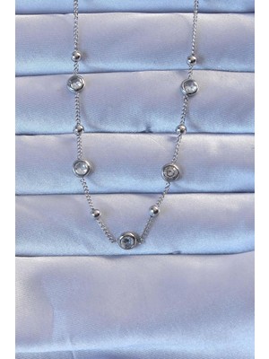 Inure Jewelry 316L Çelik Gümüş Renk Zirkon Taşlı Top Zincirli Kolye