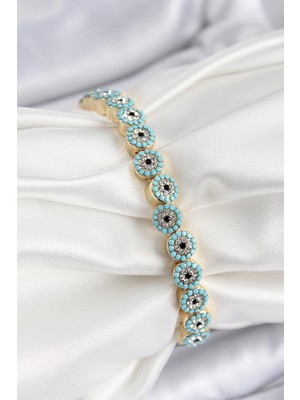 Inure Jewelry Pirinç Zirkon Taşlı Turkuaz Nazar Model Gold Renk Lastikli Kadın Bileklik