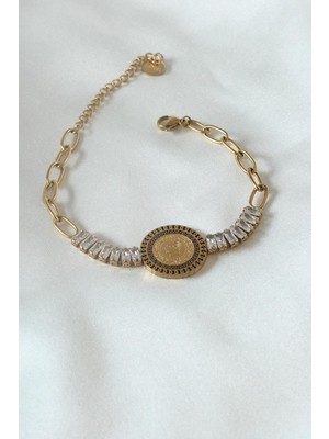 Inure Jewelry 316L Çelik Gold Renk Tam Altın Modelli Zirkon Taşlı Kadın Bileklik