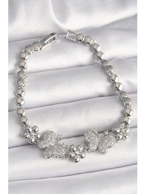 Inure Jewelry Pirinç Gümüş Renk Zirkon Taşlı Kelebek Figür Çiçek Zincir Model Kadın Bileklik