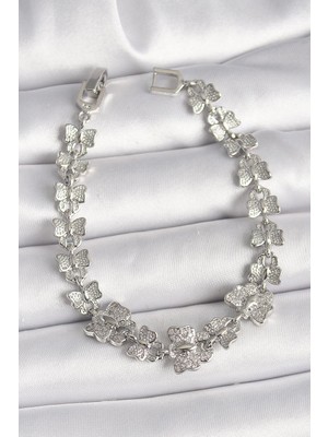 Inure Jewelry Pirinç Gümüş Renk Zirkon Taşlı Kelebek Model Zincir Kadın Bileklik
