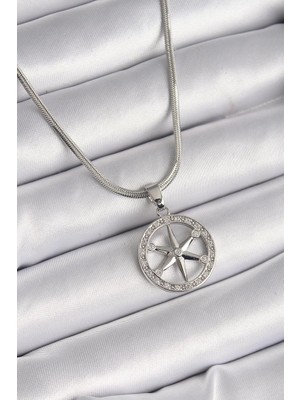 Inure Jewelry 316L Çelik Gümüş Renk Italyan Zincir Zirkon Taşlı Kutup Yıldız Model Kadın Kolye