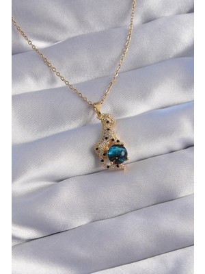 Inure Jewelry 316L Çelik Zincir Gold Renk Zirkon Taşlı Panter Figürlü Gezegen Kolye