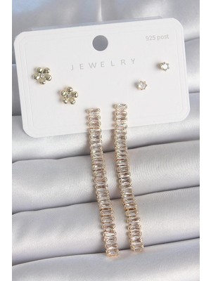 Inure Jewelry Pirinç Gold Renk Su Yolu Zirkon Taşlı Sallantı Model Çiçek Detay 925 Ayar Gümüş Çivi Kadın Küpe Seti