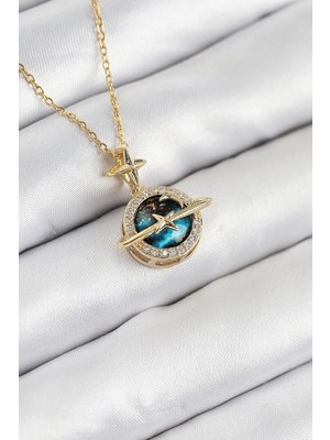 Inure Jewelry 316L Çelik Zirkon Taşlı Gezegen Model Gold Renk Kadın Kolye