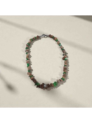 Shine Elagance Yeşil Kahverengi Cam Boncuk Tek Incili Kapamaları Gümüş Rengi Çelik Şık Kadın Kolye Sevgililer Günü Hediyesi