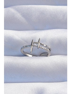 Inure Jewelry Pirinç Gümüş Renk Zirkon Taşlı 2li Görünüm Ayarlanabilir Yıldız Model Yüzük