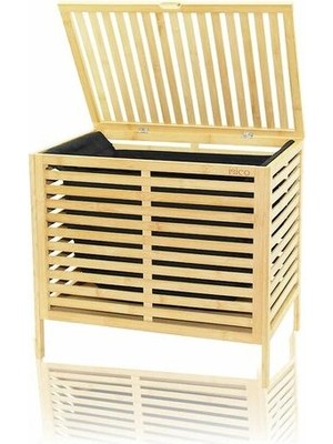 Go İthalat Kalın Ahşap Bambu Kirli Çamaşır Sepeti Siyah Kumaş Çantalı SEPET=50X38X55CM (5468)